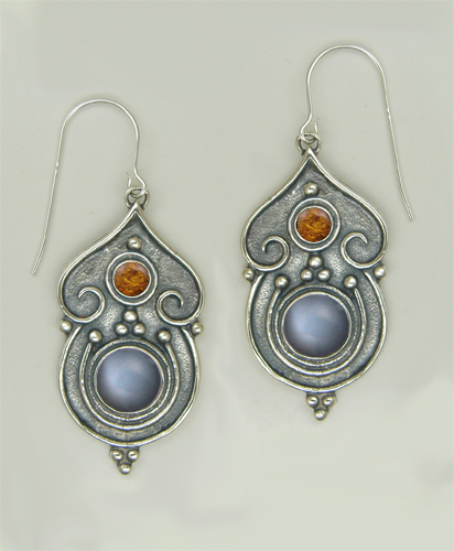 Sterling Silver Gothic Inspired Drop Dangle Earrings With Grey Moonstone And Amber